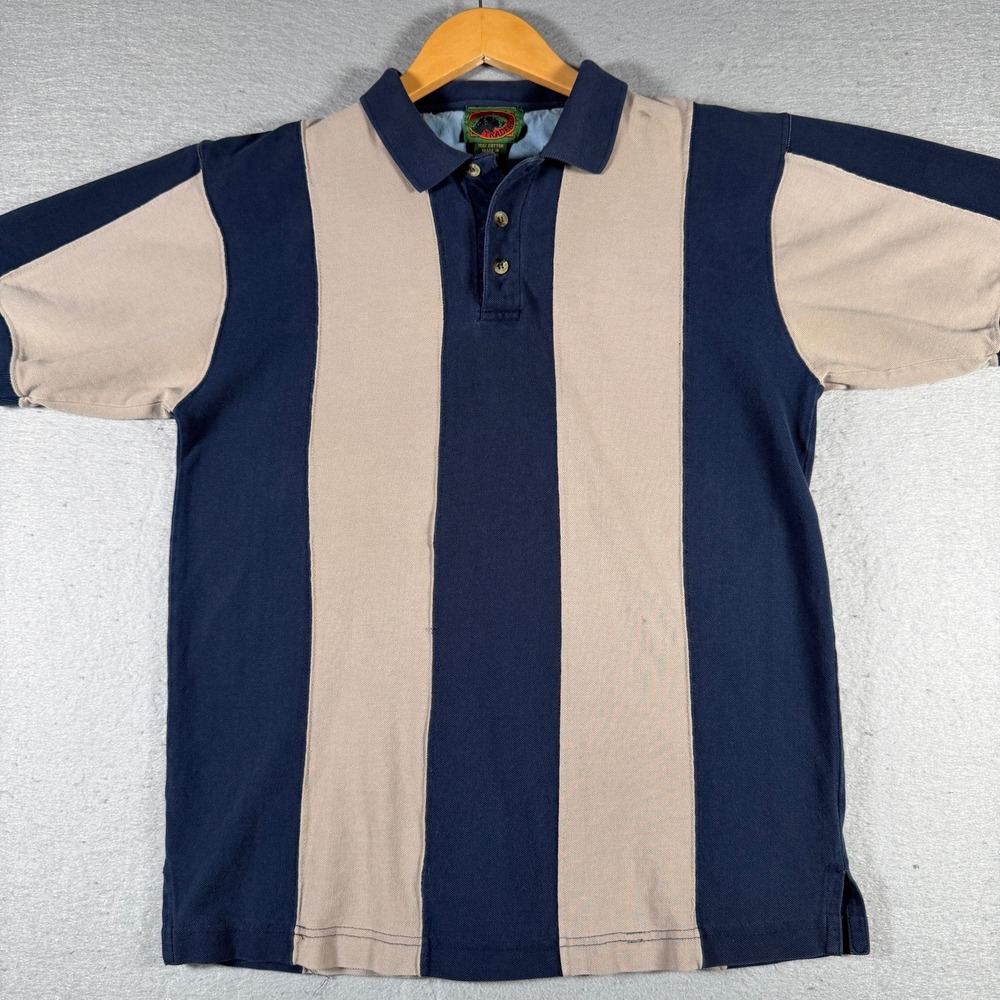 Boston Traders Mens Navy Tan Vertical Stripe Cotton Pique Polo Shirt Medium